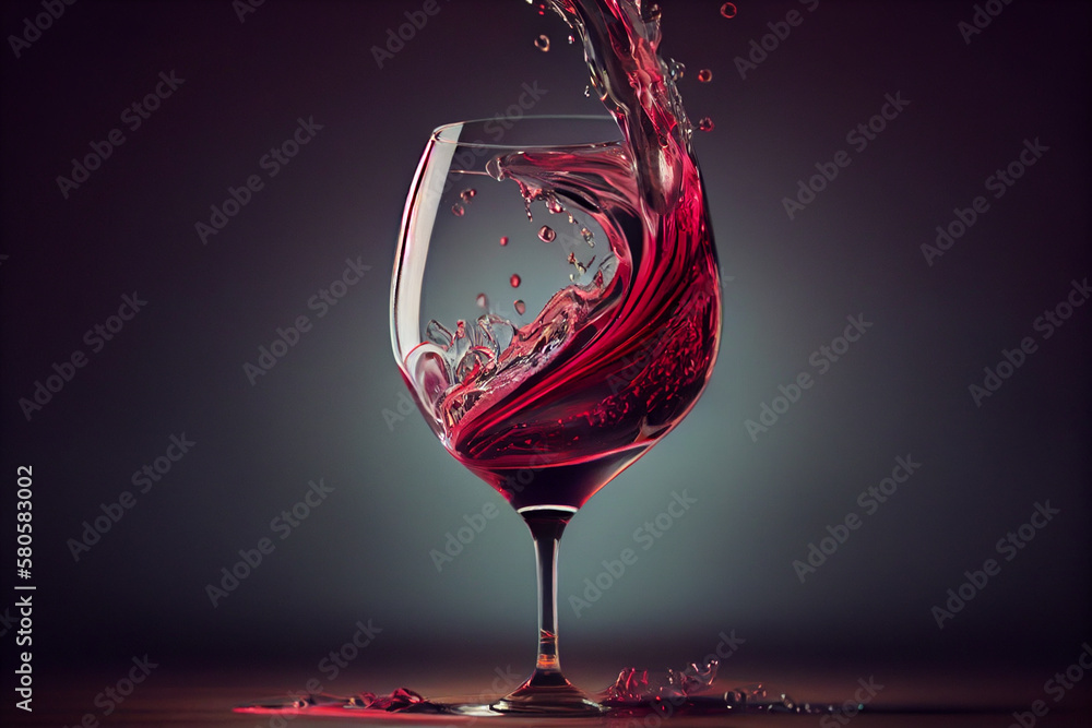 Poster featuring a wine glass with a red wine splash frozen in mid-air, creating a beautiful abstract design of droplets and waves.  Generative AI technology.