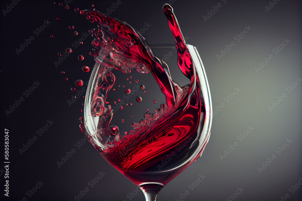 Aufkleber featuring a wine glass with a red wine splash frozen in mid-air, creating a beautiful abstract design of droplets and waves.  Generative AI technology.