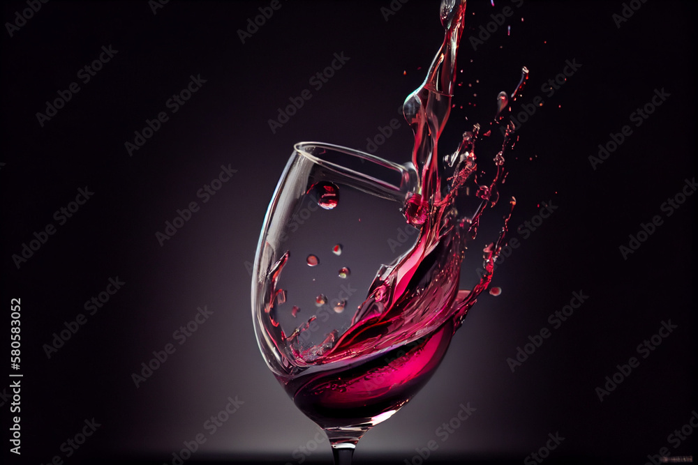 Poster featuring a wine glass with a red wine splash frozen in mid-air, generative ai technology.