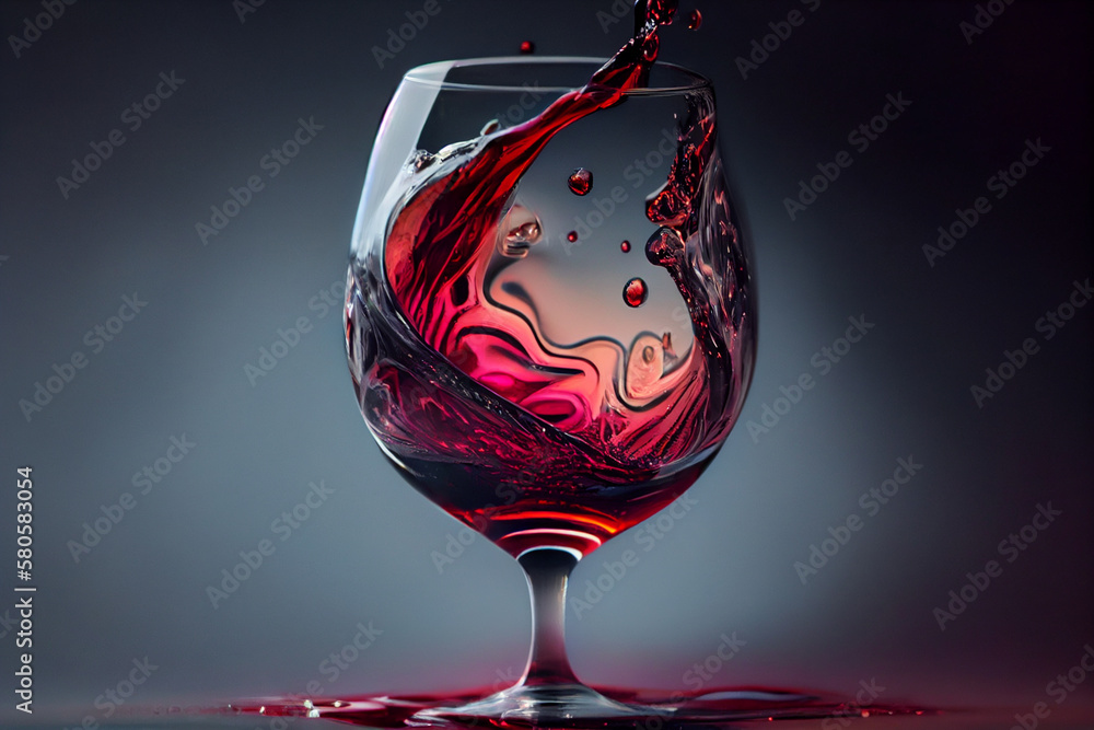 Poster featuring a wine glass with a red wine splash frozen in mid-air, creating a beautiful abstract design of droplets and Generative AI technology.