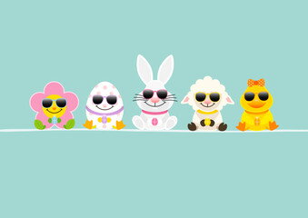 Karte Weißer Osterhase & Freunde Mit Ente Sonnenbrille Türkis