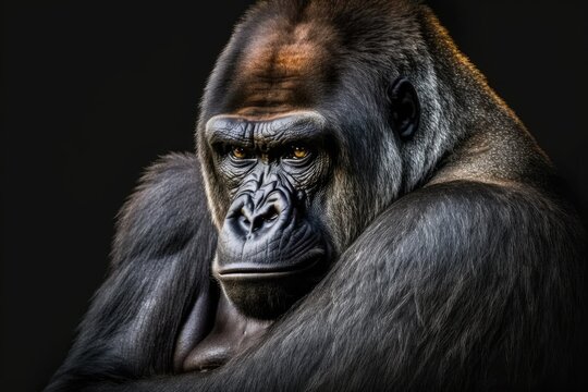 A lovely picture of a gorilla. Male gorilla with a black background and a serious silverback look. Generative AI