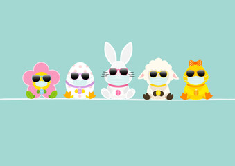 Karte Weißer Osterhase & Freunde Mit Ente Maske Sonnenbrille Türkis