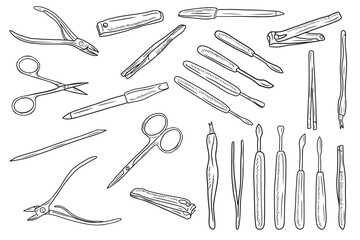 Realistic manicure equipment instruments set. Hand drawn vector sketch illustration in doodle engraved vintage outline style. nail clippers, scissors, file, trimmer tweezers, push stick, bamboo stick