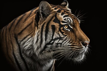Fototapeta premium Panthera tigris tigris, Bengal tiger, profile portrait on gray black background. Generative AI