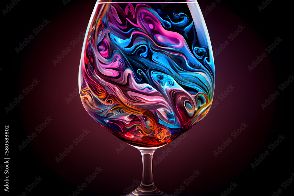 Poster A swirling mix of colors in the shape of a wine glass, with shades of deep reds and Generative AI technology.