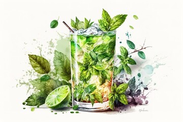 Mojito, a traditional alcoholic beverage, isolated on a white background, AI generated