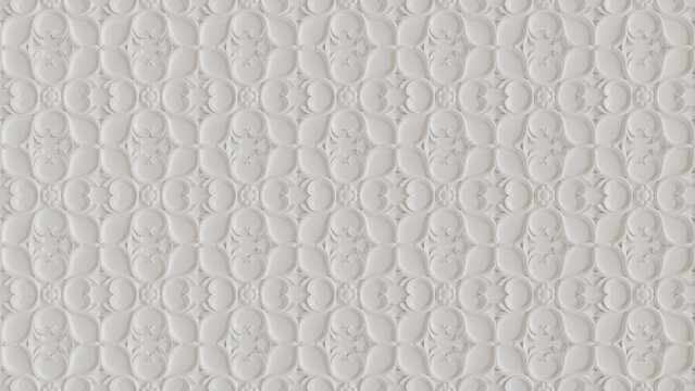 Elegant Light Decorative Pattern Wallpaper. White 3D Rococo Background.