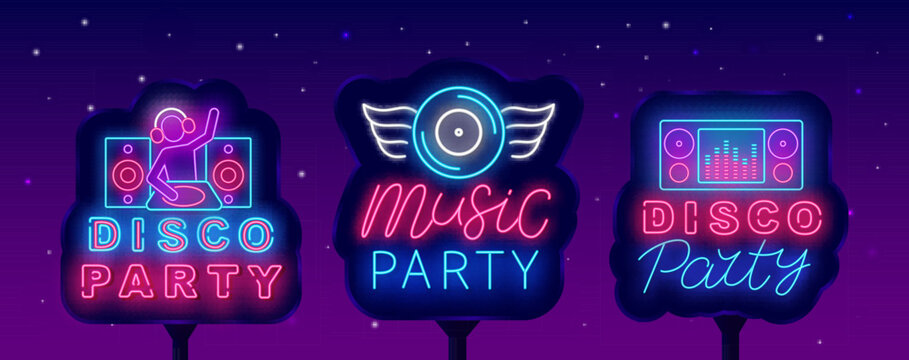 Disco party neon street billboards collection. Disk with wings. Music player and dj man. Vector stock illustration