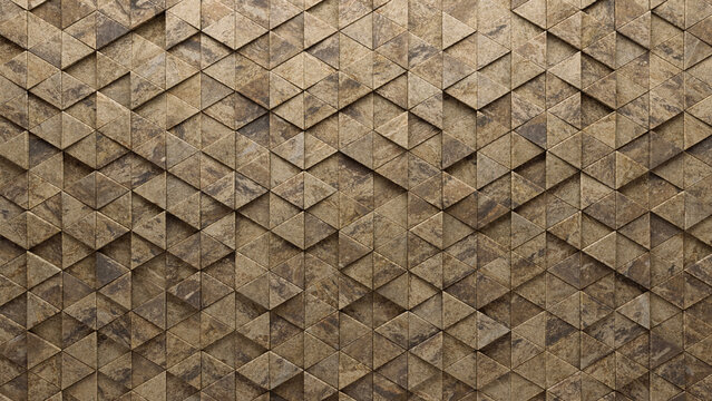 Triangular, Textured Mosaic Tiles arranged in the shape of a wall. Semigloss, Natural Stone, Bricks stacked to create a 3D block background. 3D Render