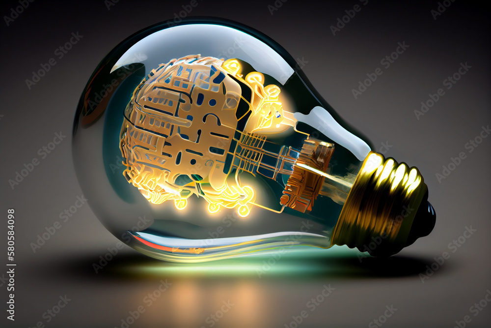 Poster An image of a light bulb with a brain inside is a trending symbol of creativity, innovation, and intelligence. Generative AI technology.