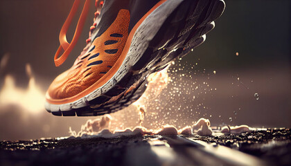 Close up running shoe. Outdoor workout. Sport athlete, runner training. Healthy lifestyle. with Generative AI Technology