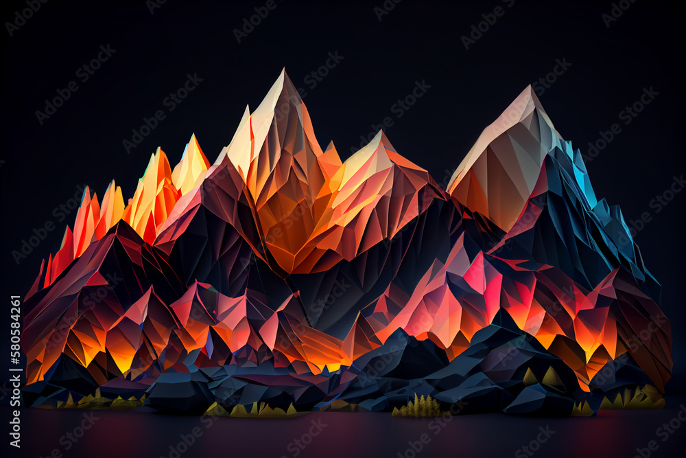 Aufkleber this image showcases a low poly mountain range with neon-colored, glowing peaks. generative ai techn