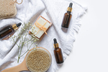 Banner Natural medicine, organic cosmetics, cosmetic product research, organic skin care products. Top view, flat lay. Skin care concept. Dermatology.
