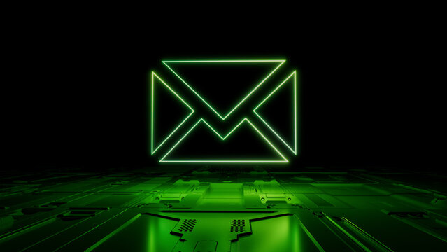 Green neon light Envelope icon. Vibrant colored Email technology symbol, on a black background with high tech floor. 3D Render