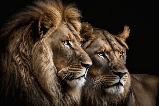 A close up picture of a couple of sitting lions on a black background. The male lion smells the female. Generative AI