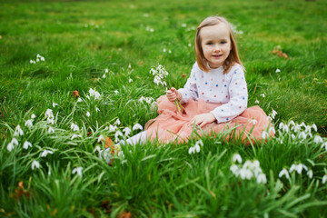Preschooler girl in pink tutu skirt sitting in the grass with many snowdrop flowers in park or forest on a spring day