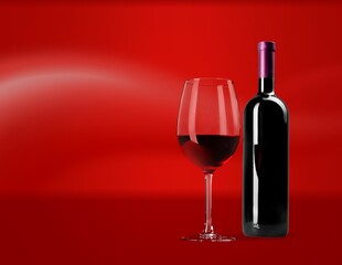 Bottle and glass of tasty red wine.