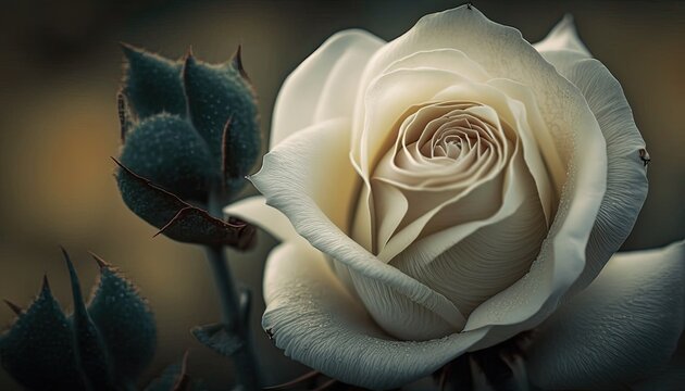 Close up macro photography of a white rose flower. Generative AI