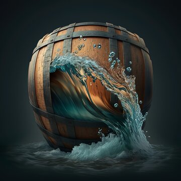 barrel full of water water flows from it pours out of it overturned holey floats on the surface of the water already fresh cold drinkable wooden wave  snaps up Generative AI 