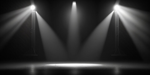 Spotlights shine on stage floor in dark room, idea for background, backdrop, Generative IA