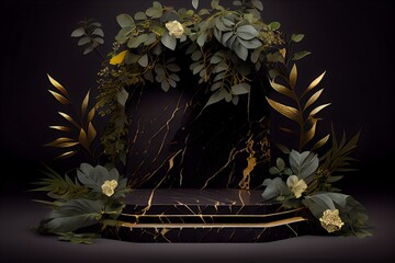 black and gold marble display podium for luxury product advertisement with a beautiful black color background with flowers and floral, generative ai