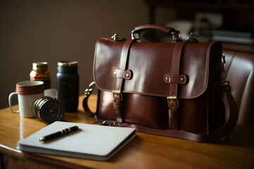 Fototapeta na wymiar Brown leather briefcase with silver buckles, sitting on a wooden desk. The briefcase has a glossy finish, and the buckles are slightly reflective; few papers and a pen on it