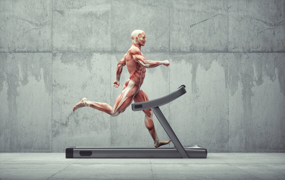 Human muscular system running on treadmill.