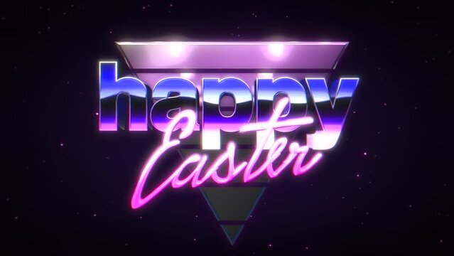 Happy Easter with retro triangle and glitters in 80s style, motion holidays and club style background