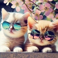 Cute spring baby cats wearing cool sunglasses with flowers they sunbathe relax peek little kitty two three so sunlight weather portrait photography Generative AI  - obrazy, fototapety, plakaty