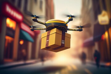 Small yellow quadengine delivery drone whizzing in the city streets delivering packages to customers, AI generated