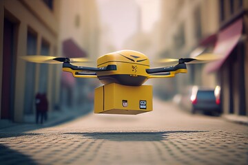 Small yellow quadengine delivery drone whizzing in the city streets delivering packages to customers, AI generated