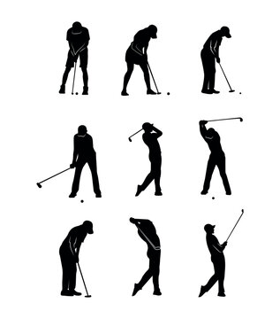 Collection of black silhouettes of people in golf