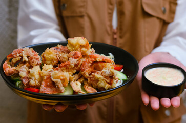 Soft-shell crab salad served with organic lettuce, clean food for health lovers