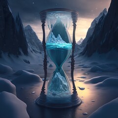 hourglass, icy environment, unrealistic cold mountains counts down ice frozen in flows nature arctic region water liquid time clock Generative AI 