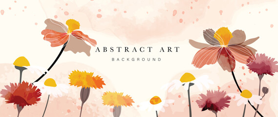 Fototapeta Abstract floral art background vector. Botanical watercolor hand drawn flowers paint brush line art. Design illustration for wallpaper, banner, print, poster, cover, greeting and invitation card. obraz