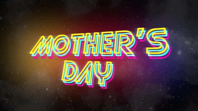 Mother Day with glitch effect and stars in galaxy in 80s style, motion holidays and club style background