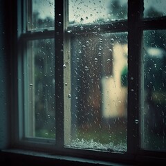 rain window drops in the dark close-up snowing raining bad weather one has no mood big classical glass giant closed frames  wooden antique Generative AI 