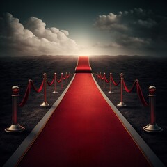 a long endless red carpet protective barriers in front of the building star gala award ceremony celebration exterior gate luxury entrance modern baroque stairs rope vip famous Generative AI