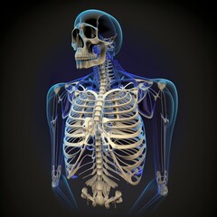 Rib cage anatomy 3D Illustration with wire frame skeleton autopsy master biology ribs mri ct health check medical examination golden thews skull standing position man x-ray body Generative AI  - obrazy, fototapety, plakaty