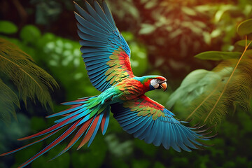 Macaw flying in a tropical forest, aerial view,  generative ai