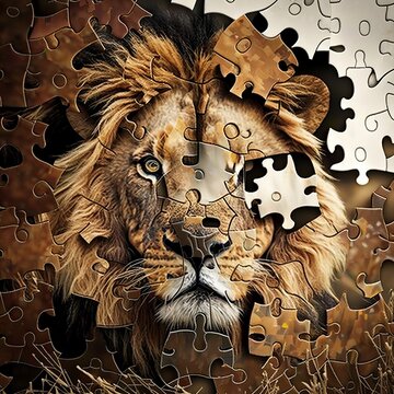 pic from puzzle pieces,cute lion little with a mane wildanimal roar african jungle safari missing male female portrait head Generative AI 