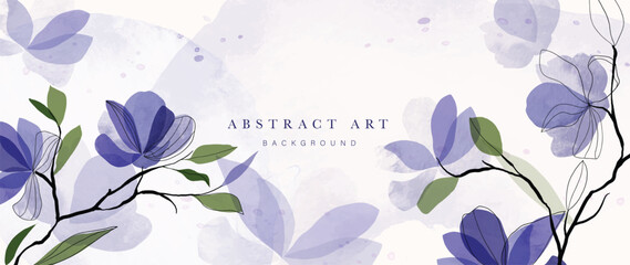 Fototapeta Abstract floral art background vector. Botanical watercolor hand painted blue flowers and leaf branch with line art. Design for wallpaper, banner, print, poster, cover, greeting and invitation card.  obraz