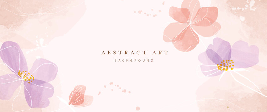 Abstract floral art background vector. Botanical watercolor hand painted pastel color flowers with white line art. Design for wallpaper, banner, print, poster, cover, greeting, invitation card. 
