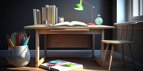 3D digital illustration of a study table, children's room, and a student's desk. Generative Ai.