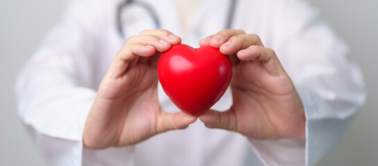 Doctor hand holding red heart shape in hospital. love, donor, world heart day, world health day, CSR donation and Insurance concepts