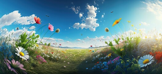 Fototapeta na wymiar Background of the spring and summer. Gorgeous natural panorama with a grassy field in the front and a sun-filled blue sky in the background. Generative Ai.