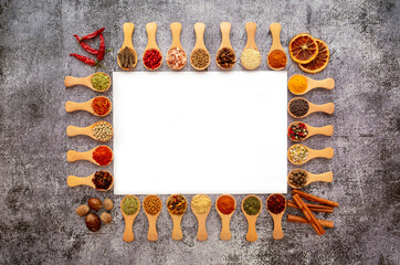 Pattern of spices on a gray background. A set of spices from India. Decoration design. Various...