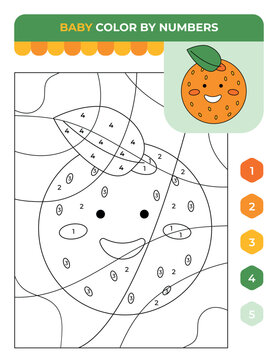 Number coloring game for children, fruits orange, summer children game