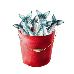 Watercolor red bucket full of fish. For designers, decoration, postcards, wrapping paper, scrapbooking, cover and logos, invitations, posters and textile © Natalia